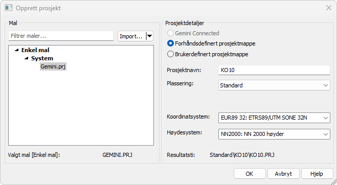 Dialog for new project