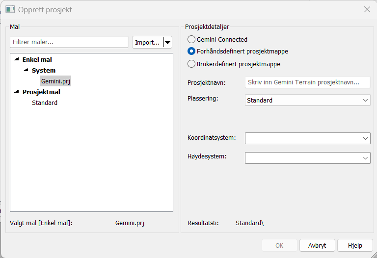 Dialog box for new project