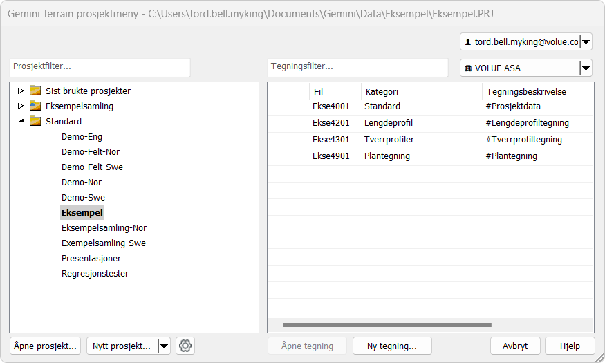Project menu with standard drawings