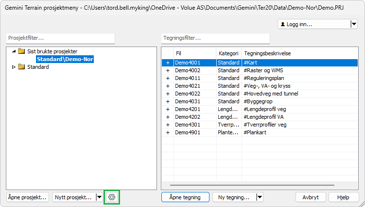 Gemini Terrain prosjektmeny