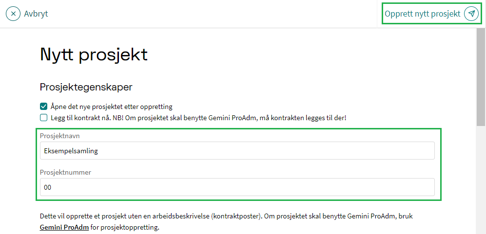 Opprette nytt prosjekt i Gemini Connected