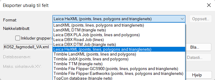 Dialog for eksport til felt