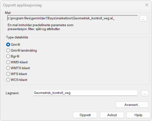 Dialog for opprettelse av applikasjonslag