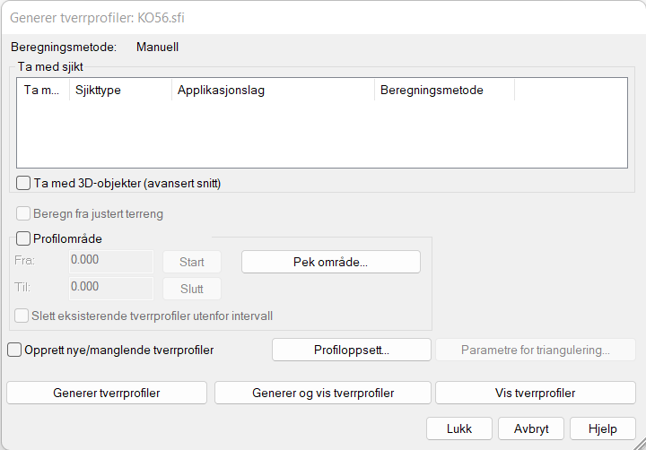 Dialog for generering av tverrprofiler