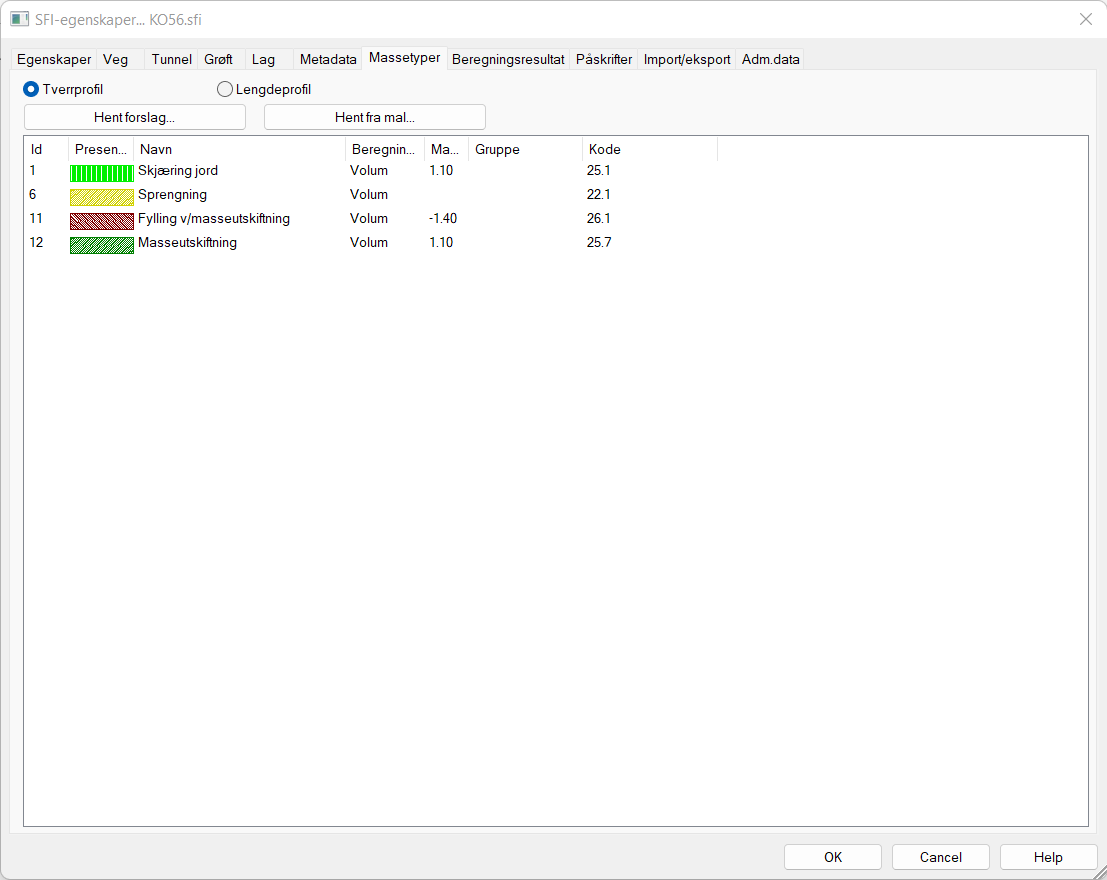Dialog for valg av massetyper