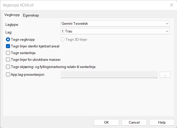 Dialog for valg av lag i vegkropp