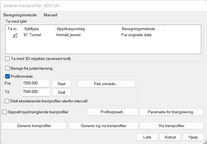 Dialog for generering av tverrprofiler