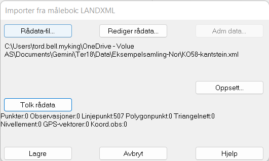 Dialog for import av LandXML-fil