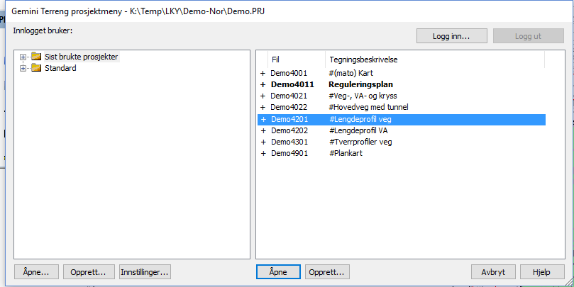 Prosjektmeny med markerte tegninger