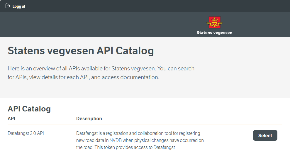 Statens vegvesen API-katalog innlogget